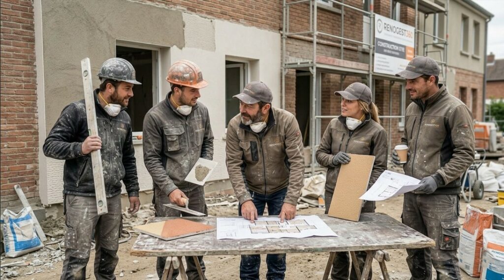 Équipe de 5 personnes échangeant autour d'une table sur un chantier d'ITE.