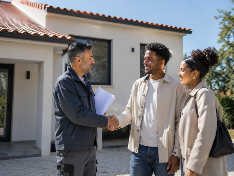 Artisan qui serre la main à un couple venant d'acquérir une maison dont ils veulent rénover la façade
