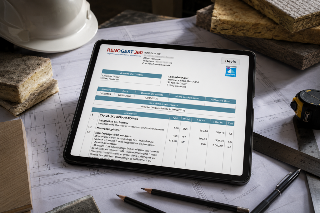 Tablette avec devis sur plan de travail d'artisan