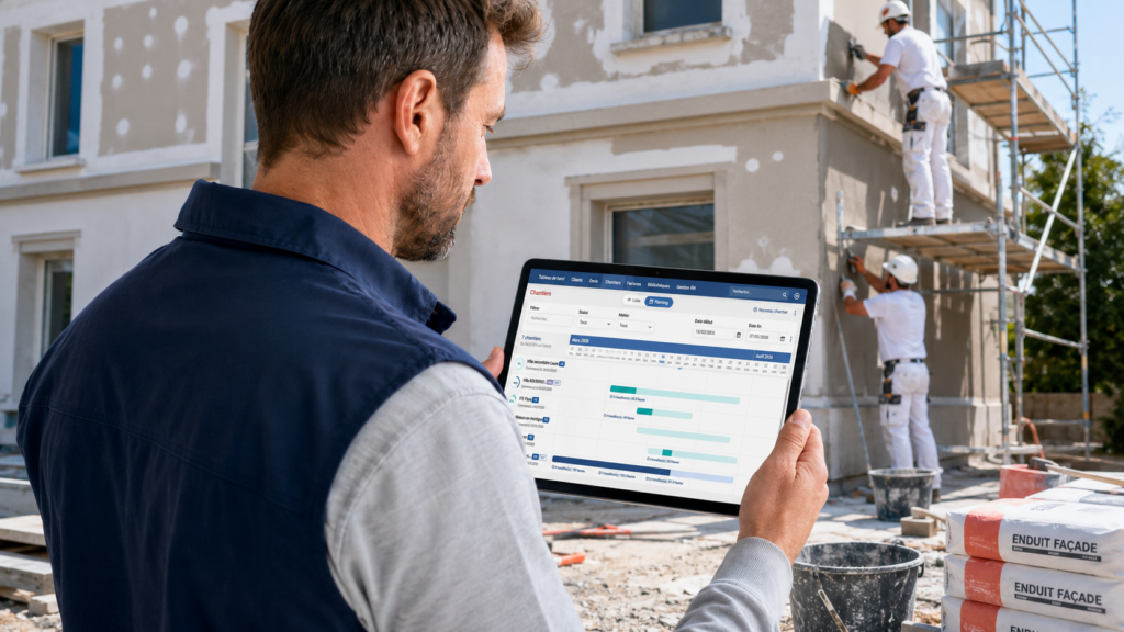 Conducteur de travaux organisant un chantier de rénovation avec un planning numérique.